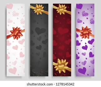 Set vertical banners for Valentines day decorated hearts and bows with ribbons. Vector illustration.