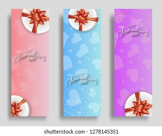 Set vertical banners for Valentines day decorated hearts and white Boxes with red bows. Vector illustration.