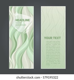 Set vertical banners with volumetric waves calm green colors. Space for your message.