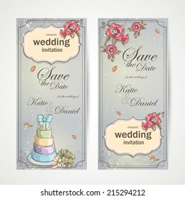 Set of vertical banners wedding invitations with red poppies, cake and a bouquet of roses