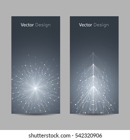 Set of vertical banners. White snowflake and fir tree made of connected lines and dots on dark background.