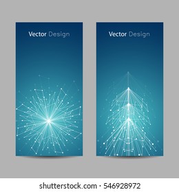 Set of vertical banners. White snowflake and fir tree made of connected lines and dots on blue background.