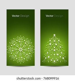 Set of vertical banners. White snowflake and fir tree made of connected lines and dots on green background.