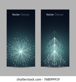 Set of vertical banners. White snowflake and fir tree made of connected lines and dots on green background.
