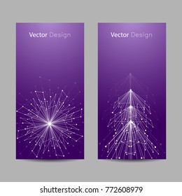 Set of vertical banners. White snowflake and fir tree made of connected lines and dots on violet background.