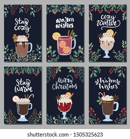 Set of vertical banners with winter and autumn beverages, hot wine, coffee and chocolate and hand written lettering phrases and floral decoration. Merry Christmas and happy holidays greeting