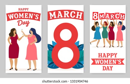 Set of vertical banners, women celebrate 8 march. Happy women's day. Vector