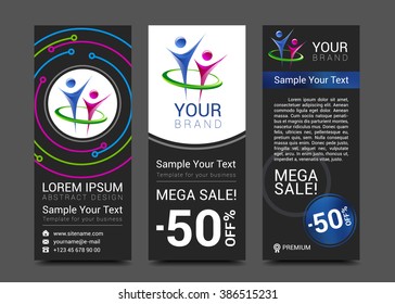 set of vertical banners for your business with people logo and bright colorful background vector banner with sample text.