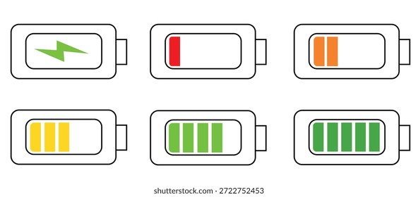 Set of vertical battery charge level indicators in percentage vector. Battery indicator symbols. 0-100 percent.