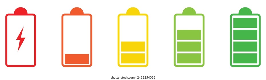 Set of vertical battery level indicators in percentage vector. Battery indicator symbols. 0-100 percent. Vector illustration
