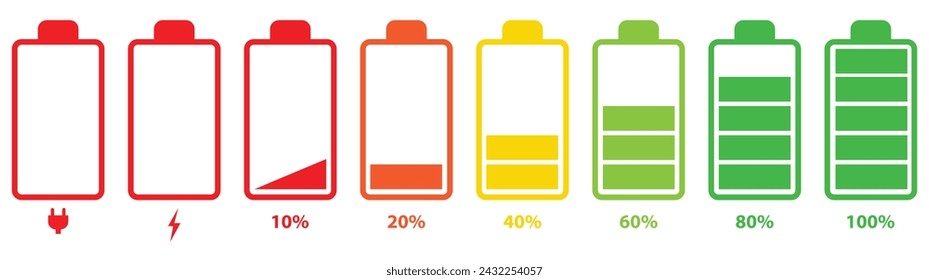 Satz von vertikalen Batteriestandsanzeigen in Prozent Vektor. Symbole für Batterieanzeige. 0-100 Prozent. Vektorgrafik