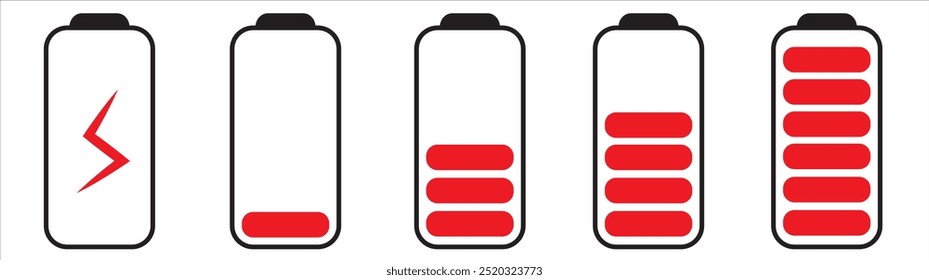 Conjunto de indicadores verticais de nível de bateria em vetor de porcentagem. Símbolos indicadores de bateria. 0 a 100 por cento. eps10	