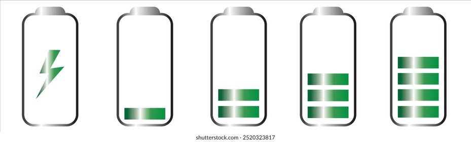 Conjunto de indicadores verticais de nível de bateria em vetor de porcentagem. Símbolos indicadores de bateria. 0 a 100 por cento. eps10	