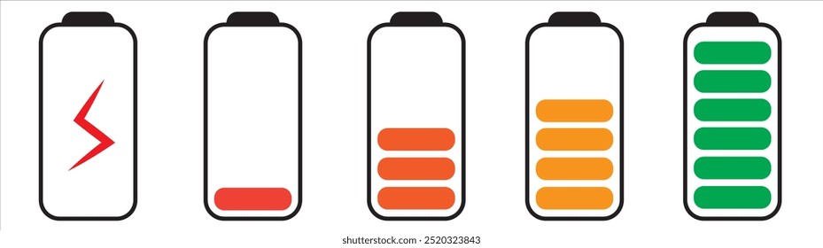 Set of vertical battery level indicators in percentage vector. Battery indicator symbols. 0-100 percent. eps10	