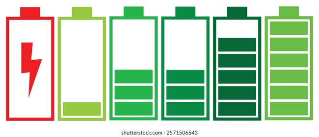 Set of vertical battery level indicators in percentage vector. Battery indicator symbols. 0-100 percent. Vector 10 eps.