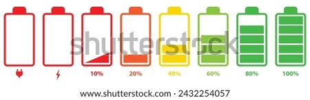 Set of vertical battery level indicators in percentage vector. Battery indicator symbols. 0-100 percent. Vector illustration