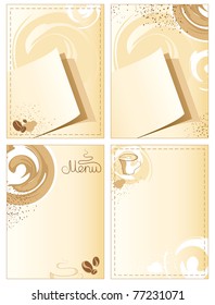set vertical beige backgrounds with coffee grains, a cup and a sheet of paper