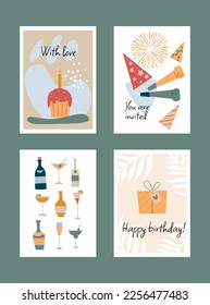 A set of vertical birthday cards. Inscriptions, greetings, balloons, drinks, cake, cupcakes gifts. For social networks, posters, flyers and postcards. Vector illustration
