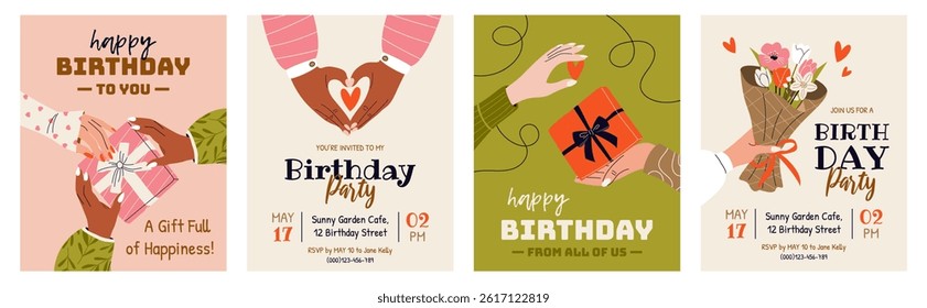 Set of vertical birthday greeting cards and party invitations. Festive postcards for celebrating an anniversary with text and wishes. Female hands holding gift boxes and bouquet of flowers. Vector.
