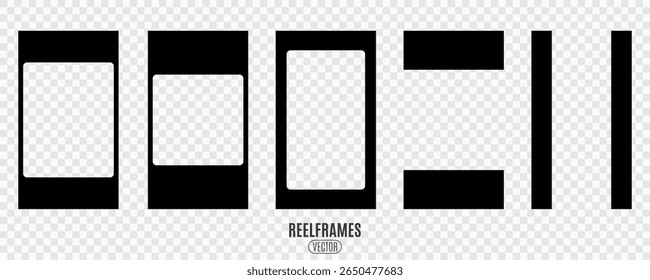 Set of vertical black reel frames for video content in social media. Minimal transparent overlay templates for your stories or promo content. Frame borders in portrait format. Vector illustration.