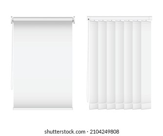 Set of vertical blinds for window, element interior. Realistic closed window shutters, front view. White louver for office rooms. 3d vector illustration