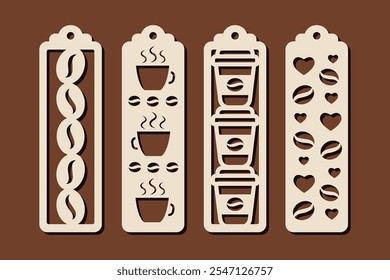 Set of vertical bookmark designs with coffee pattern. Laser cut template. Decorative bookmark vector stencil for paper, wood and metal cutting