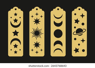 Set of vertical bookmarks with astrology elements such as moon, sun, celestial and stars. Esoteric laser cut template. Decorative stencil for paper, wood and metal cutting. Mystical vector design