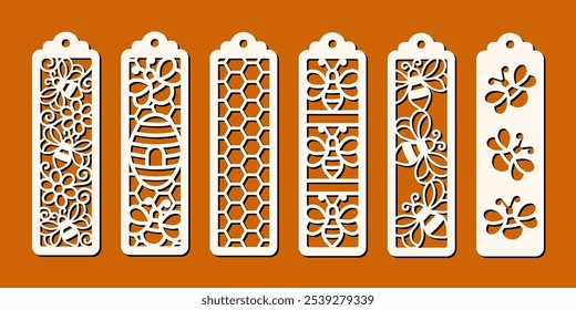 Set of vertical bookmarks with bee pattern. Laser cut template. Decorative bookmark stencil for paper, wood and metal cutting. Vector design