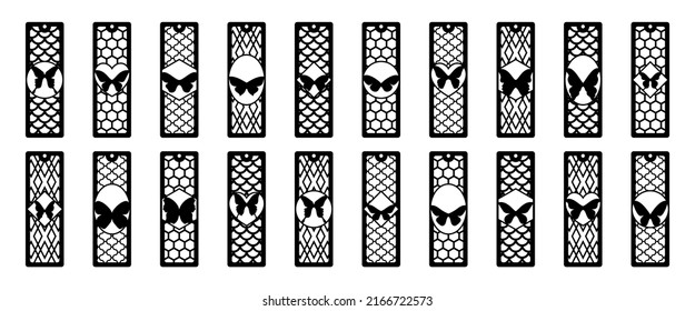 Set of vertical bookmarks with butterfly. Template for plotter laser cutting of paper, metal engraving, wood carving, cnc. Vector illustration