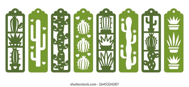 Conjunto de marcadores verticais com cactos e suculentas. Modelo de corte a laser de cacto. Estêncil de marcador decorativo para corte de papel, madeira e metal. Projeto vetorial com padrão vegetal