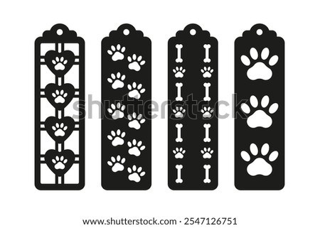 Set of vertical bookmarks with dog paw pattern. Laser cut template. Decorative bookmark stencil for paper, wood and metal cutting. Vector design