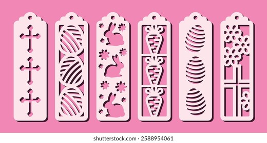 Set of vertical bookmarks with Easter pattern. Vector designs witn cross, eggs, bunny and carrot. Laser cut template. Decorative bookmark stencil for paper, wood and metal cutting