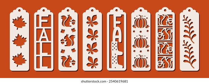 Set of vertical bookmarks with fall patterns. Laser cut template. Decorative autumn bookmark stencil for paper, wood and metal cutting. Vector design with leaves, squirrel, pumpkin