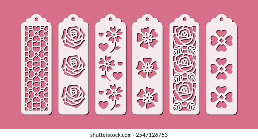 Set of vertical bookmarks with floral pattern. Laser cut template. Decorative bookmark stencil for paper, wood and metal cutting. Vector design with flowers