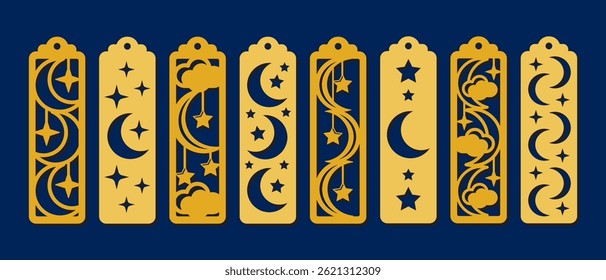 Set of vertical bookmarks with moon and stars. Laser cut template with crescent. Decorative bookmark stencil for paper, wood and metal cutting. Vector design with magic pattern
