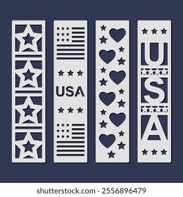 Set of vertical bookmarks with patriotic 4th of July pattern. Laser cut template. Decorative bookmark stencil for paper, wood and metal cutting. Vector design.