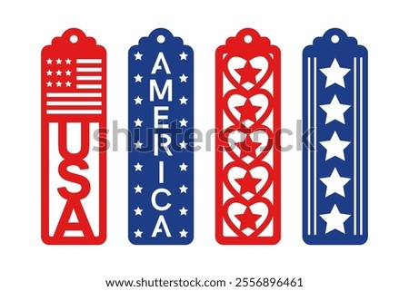 Set of vertical bookmarks with patriotic 4th of July pattern with stars. Laser cut template. Decorative bookmark stencil for paper, wood and metal cutting. Vector design.
