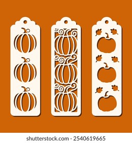 Conjunto de marcadores de Vertical con patrón de calabazas. Plantilla de corte láser. Plantilla de marcador decorativo para cortar papel, madera y metal. Diseño de Vector