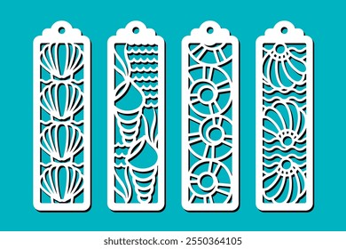 Conjunto de marcadores de Vertical con patrón de conchas marinas. Plantilla de corte láser. Plantilla de marcador decorativo para cortar papel, madera y metal. Diseño de Vector abstracto submarino