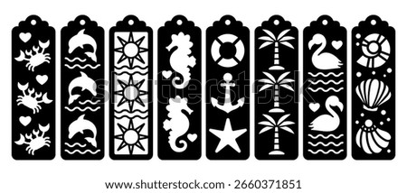 Set of vertical bookmarks with summer beach pattern. Laser cut template. Decorative bookmark stencil for paper, wood and metal cutting. Vector design with sea elements