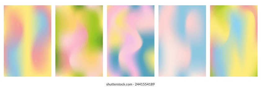 Set of vertical bright abstract backgrounds blue sky, green nature. Vector blurred gradient green, yellow, blue, pink tints. Blank template with copy space