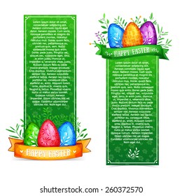 Set of vertical bright green template posters, banners, postcards or brochures for a happy Easter. Ornamental elements with eggs and ribbons. Pattern of simple colors. Vector. Place for your text.