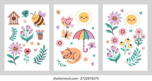 Set of vertical card designs with bee, butterfly, sun, and blooming garden flowers. Vibrant seasonal illustrations for spring advertising, posters, and festive greetings  Hello Welcome Is Here Time