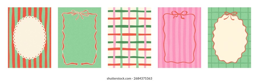 Conjunto de Plantillas de tarjetas de Vertical en un estilo lindo dibujado a mano con marcos vintage y patrones a rayas o cuadros, perfecto para invitaciones e historias de redes sociales, Ilustración vectorial