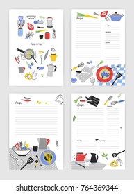 Set of vertical card templates for making notes about cooking homemade meals and food preparation. Blank recipe book pages decorated with kitchen utensils, ingredients and spices. Vector illustration.