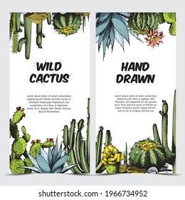 Set of vertical cards or banners with colorful wild cactuses, hand drawn vector illustration. Banners or flyers with various blooming and flowering cactus plants.