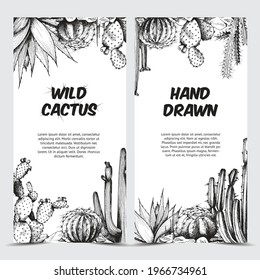 Set of vertical cards or banners with hand drawn wild cactuses, black ink engraved vector illustration. Banners with various cactus plants and copy space.