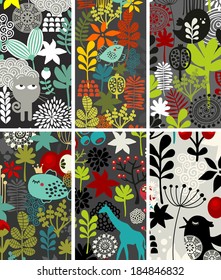 Set of vertical cards with birds and other animals. Vector illustration. 