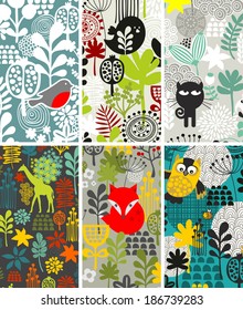 Set of vertical cards with birds and other animals. Vector illustration. 