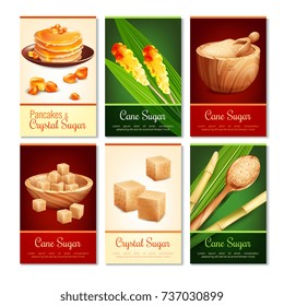 Set of vertical cards with cane sugar in various shape, green leaves, wooden dishware isolated vector illustration  